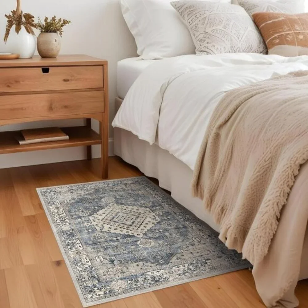 New 2x3 Blue Beige Rug, Washable Vintage Low Pile Non-Slip Carpet for Entryway